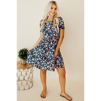 Blue Short Sleeve A-line Floral Dress - XL thumbnail