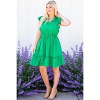 Bright Green Split V Neck Elastic Waist Ruffled Dress - L thumbnail