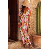 Pink Boho Tie-dye Print V Neck Maxi Dress - M thumbnail