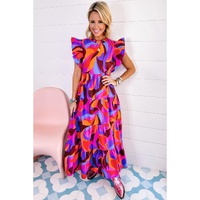 Orange Abstract Printed High Waist Ruffle Tiered Long Dress - L thumbnail