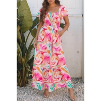 Pink Abstract Print Ruffled Sleeve Smocked Bust Maxi Dress - S thumbnail