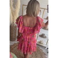 Pink Floral Square Neck Ruffle Sleeve Tiered Dress - L thumbnail