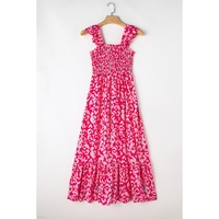 Pink Leopard Ruffle Straps Smocked High Waist Long Dress - L thumbnail