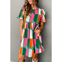 Green Abstract Print Puff Sleeve Short Dress - L thumbnail