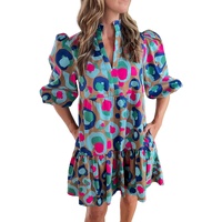 Green Leopard Print Bubble Sleeve Slit Neck Ruffled Dress - L thumbnail