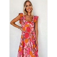Pink Floral Square Neck Ruffled Flutter Sleeve Tiered Midi Dress - L thumbnail