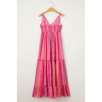Pink Western Printed Tassel Tie V Neck Wrap Maxi Dress - L thumbnail