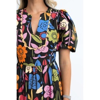 Black Retro Floral Printed Split Neck Maxi Dress - S thumbnail