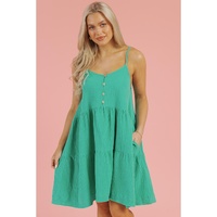 Sea Green Textured Buttoned Thin Strap Tiered Loose Fit Mini Dress - M thumbnail