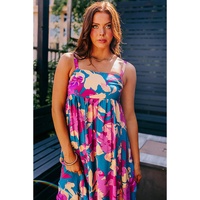 Dark Blue Floral High Waist Sleeveless Flared Long Dress - S thumbnail
