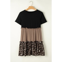 Light French Beige Leopard Print Colorblock Frill Trim T-shirt Dress - M thumbnail