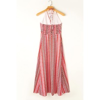 Red Halter Neck Tribal Boho Printed Backless Maxi Dress - XL thumbnail
