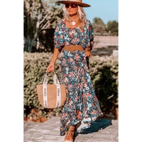 Sky Blue Floral Knotted Back Square Neck Maxi Dress - S thumbnail