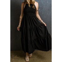 Black Spaghetti Straps Smocked Pleated Tiered Maxi Dress - S thumbnail