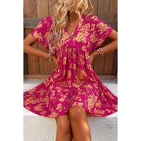 Rose Floral Print Batwing Sleeve Smock Dress - S thumbnail