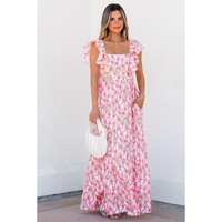 Pink Floral Print Square Neck Ruffled Strap Maxi Dress - 2XL thumbnail