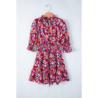Rose Red Floral Print Tiered Ruffled Half Sleeve V Neck Dress - M thumbnail