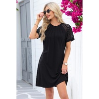 Black Contrast Lace Raglan Sleeve Pleated Detail Shift Dress - L thumbnail