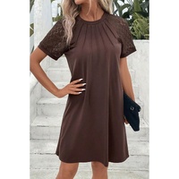 Dark Brown Contrast Lace Raglan Sleeve Pleated Detail Shift Dress - 2XL thumbnail