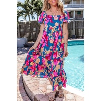 Dark Blue Square Neck Bubble Sleeve Ruffled Floral Dress - S thumbnail