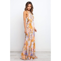 Orange Boho Floral Backless Lace up Sleeveless Maxi Dress - L thumbnail
