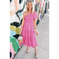 Strawberry Pink Asymmetric Puff Sleeve Smocked Bodice Tiered Midi Dress - L thumbnail