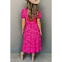 Rose Red Floral Print Pleated Drawstring Flowy Midi Dress - S thumbnail