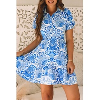 Sky Blue Retro Floral Print Drawstring Waist Ruffled Mini Dress - L thumbnail