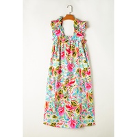 White Floral Print Ruffled Sleeveless Midi Dress - L thumbnail