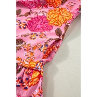 Pink Floral Bubble Sleeve V Neck Ruffled Mini Dress - L thumbnail