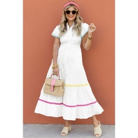 White Colorblock Rickrack Trim Short Sleeve Drawstring Waist Long Dress - S thumbnail