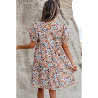 Apricot Bohemian Floral Print Short Puff Sleeve Mini Dress - L thumbnail