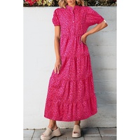 Rose Red Flower Mock Neck Puff Sleeve Tiered Maxi Dress - S thumbnail