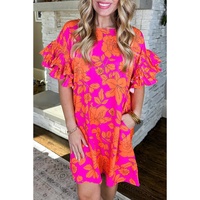 Pink Voluminous Ruffled Sleeve Floral Dress - L thumbnail