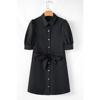 Black Button Up Tie Waist Puff Sleeve Mini Dress - S thumbnail