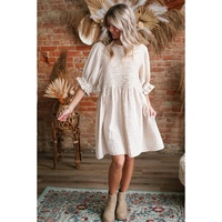 White Textured Ruffled Puff Sleeve Loose Dress - S thumbnail