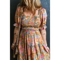 Yellow Smocked Bodice High Waist Puff Sleeve Floral Dress - L thumbnail
