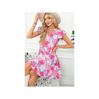 Pink Floral Printed V Notched Ric Rac Flutter Sleeve Dress - L thumbnail