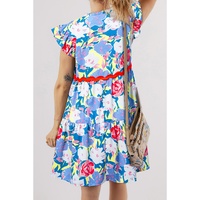 Sky Blue Floral Printed V Notched Ric Rac Flutter Sleeve Dress - M thumbnail