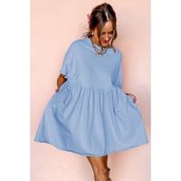 Sky Blue Solid Color Pocketed Raw Edge Babydoll Dress - M thumbnail