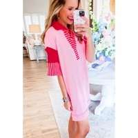 Pink Stripe Colorblock Patchwork Short Sleeve T Shirt Dress - L thumbnail