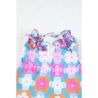Sky Blue Floral Print Frilly Neck Sleeveless Tiered Maxi Dress - M thumbnail
