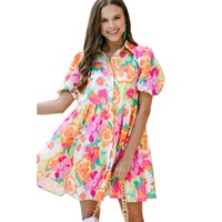 Pink Floral Puff Sleeve Collar Buttoned Babydoll Dress - L thumbnail