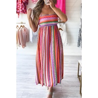 Multicolour Striped Thin Straps Smocked Back Boho Maxi Dress - L thumbnail