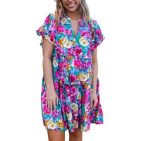 Green Rose Floral Print Ruffled Short Dress - M thumbnail