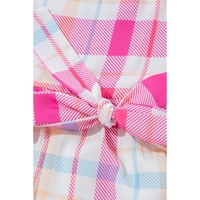 Pink Checkered Puff Sleeve Belted Midi Dress - M thumbnail