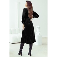 Black Velvet Buttoned Puff Sleeve V Neck Split Midi Dress - M thumbnail