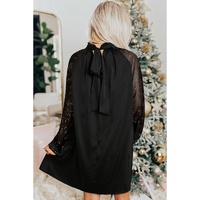 Black Glittering Mesh Sleeve Mock Neck Mini Dress - S thumbnail