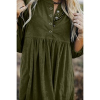 Vineyard Green Corduroy Snap Buttons Empire Waist Bracelet Sleeve Dress - M thumbnail