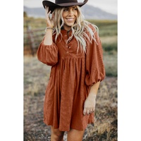 Gold Flame Corduroy Snap Buttons Empire Waist Bracelet Sleeve Dress - L thumbnail